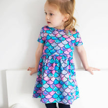 Load image into Gallery viewer, GIRLS SHORT SLEEVE COTTON DRESS - MERMAID PRINT
