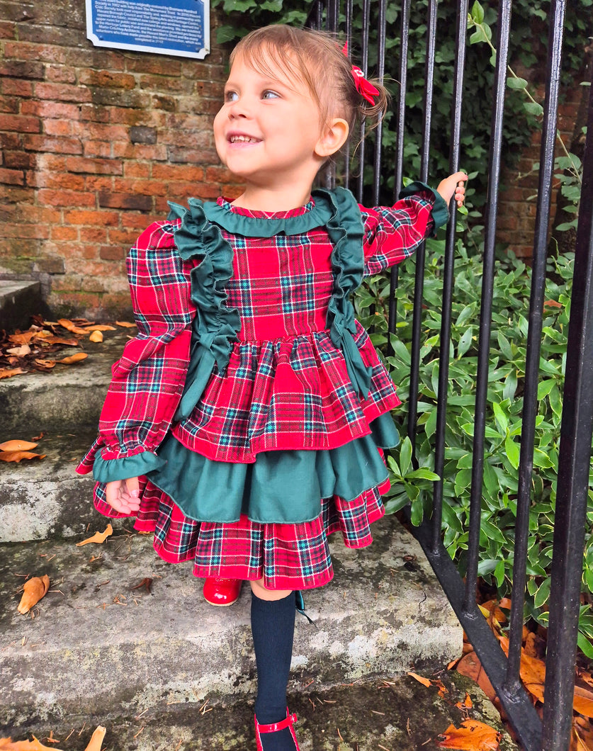 BUTTON UP BABY - RED AND GREEN TARTAN PUFFBALL DRESS (PRE-ORDER)