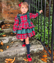 Load image into Gallery viewer, BUTTON UP BABY - RED AND GREEN TARTAN PUFFBALL DRESS (PRE-ORDER)