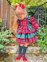 Load image into Gallery viewer, BUTTON UP BABY - RED AND GREEN TARTAN PUFFBALL DRESS (PRE-ORDER)