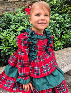 BUTTON UP BABY - RED AND GREEN TARTAN PUFFBALL DRESS (PRE-ORDER)