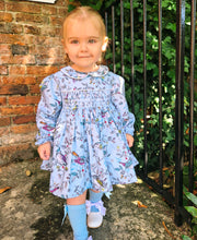 Load image into Gallery viewer, BUTTON UP BABY - BLUE BIRDS SMOCKED DRESS (PRE-ORDER)
