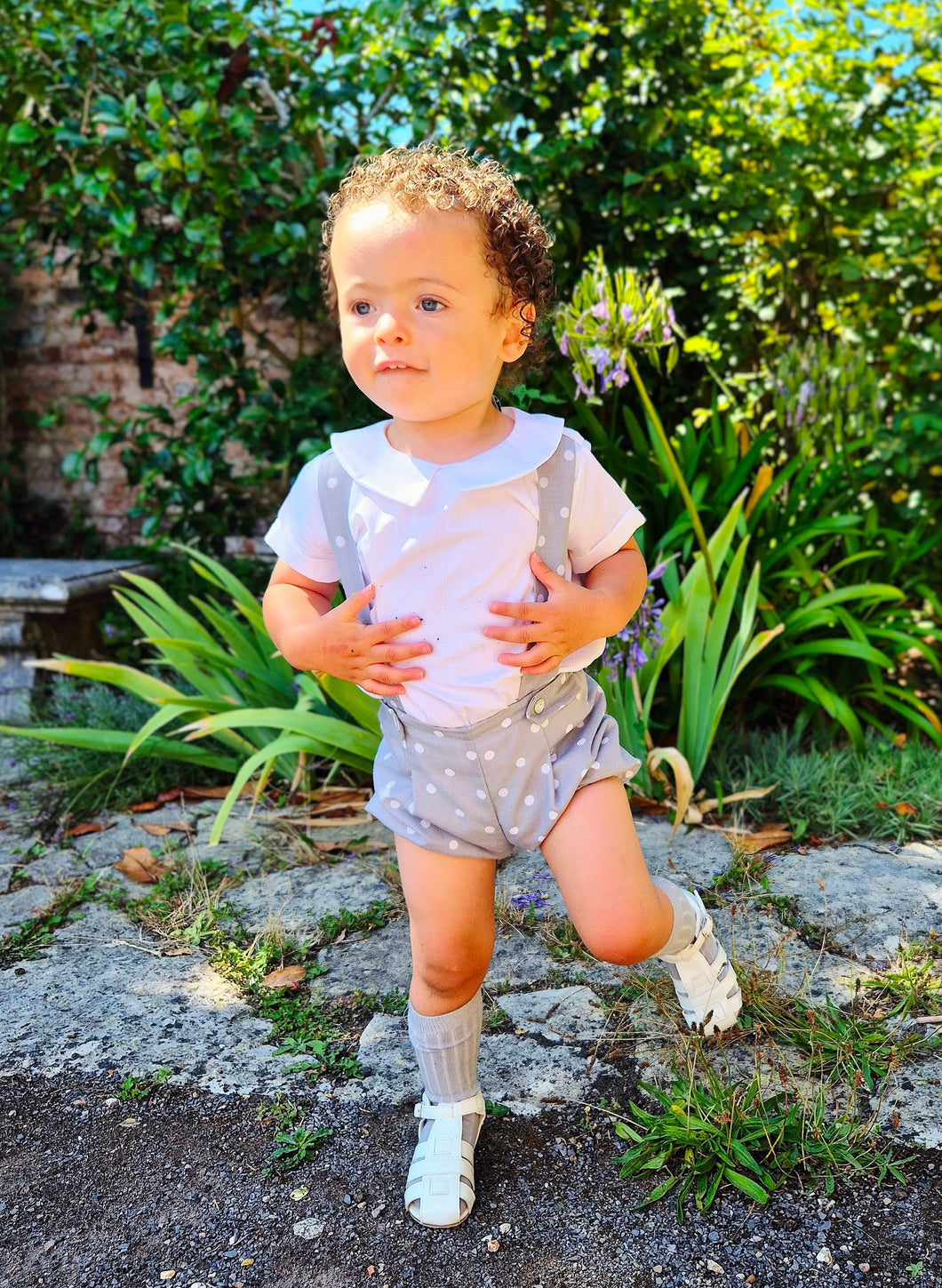 BUTTON UP BABY - GREY AND WHITE POLKA DOT BRACES SET