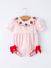 Load image into Gallery viewer, RYLEE FAITH - PLAID SMOCKED STRAWBERRY APPLIQUE ROMPER
