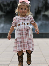 Load image into Gallery viewer, WESTERN HORSE EMBROIDERED SMOCKED PLAID GIRLS DRESS