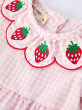 Load image into Gallery viewer, RYLEE FAITH - PLAID SMOCKED STRAWBERRY APPLIQUE ROMPER