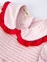 Load image into Gallery viewer, RYLEE FAITH - PLAID SMOCKED STRAWBERRY APPLIQUE DRESS