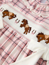 Load image into Gallery viewer, WESTERN HORSE EMBROIDERED SMOCKED PLAID GIRLS DRESS