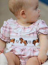 Load image into Gallery viewer, WESTERN HORSE EMBROIDERED SMOCKED PLAID BABY GIRL ROMPER
