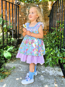 BUTTON UP BABY - BABY BLUE/PINK FLORAL DRESS