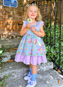 BUTTON UP BABY - BABY BLUE/PINK FLORAL DRESS