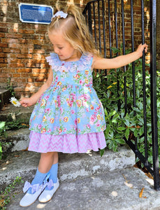 BUTTON UP BABY - BABY BLUE/PINK FLORAL DRESS