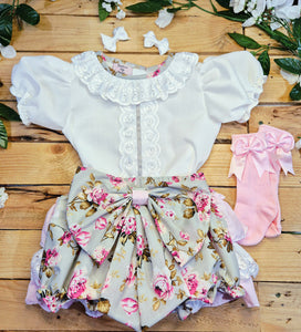 BUTTON UP BABY - GREY AND PINK ROSES JAM PANT SET