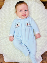 Load image into Gallery viewer, DANDELION - LITTLE SOLDIER SMOCKED VELOUR SLEEPSUIT