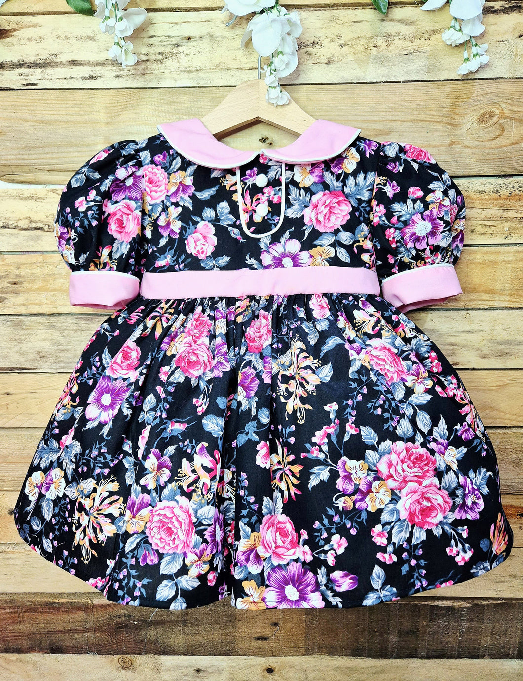 BUTTON UP BABY- BLACK AND PINK FLORAL DRESS