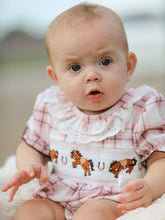 Load image into Gallery viewer, WESTERN HORSE EMBROIDERED SMOCKED PLAID BABY GIRL ROMPER