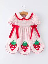 Load image into Gallery viewer, RYLEE FAITH - PLAID SMOCKED STRAWBERRY APPLIQUE DRESS