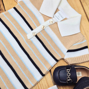 LITTLE NOSH - BOYS BEIGE STRIPED KNITTED ROMPER
