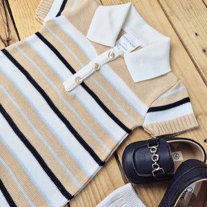 LITTLE NOSH - BOYS BEIGE STRIPED KNITTED ROMPER