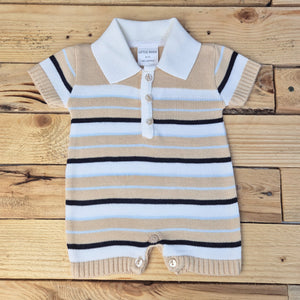 LITTLE NOSH - BOYS BEIGE STRIPED KNITTED ROMPER