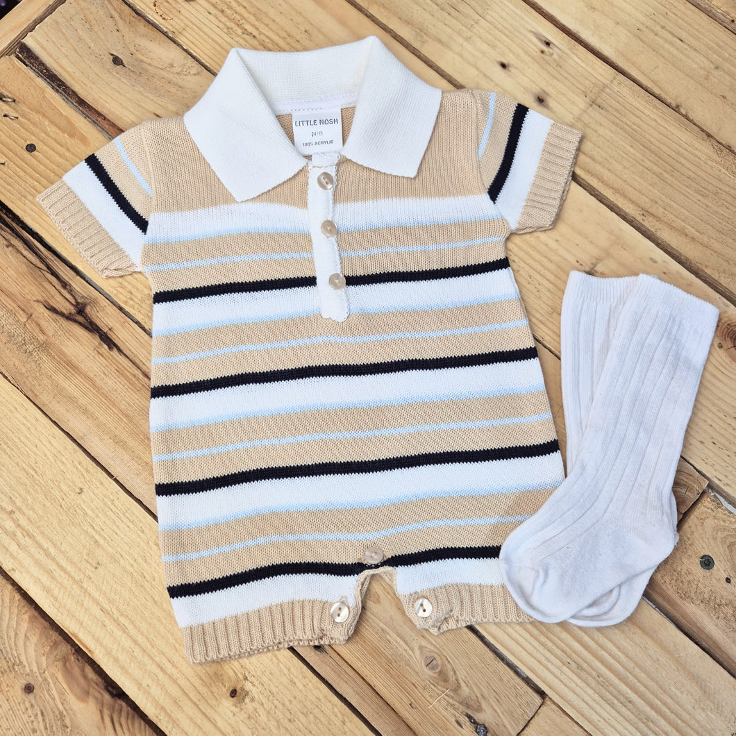 LITTLE NOSH - BOYS BEIGE STRIPED KNITTED ROMPER